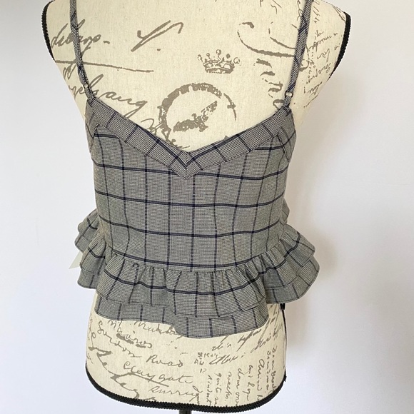 Anthropologie Lost + Wander CROP TOP Checker Ruffle Cami Top Grey Black … - Picture 6 of 13
